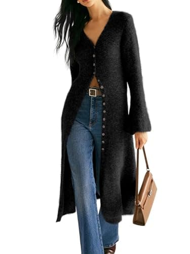 Jenisso Womens V-Neck Button Maxi Cardigan Bell Long Sleeve Open Front Split Breasted Sweater Dress Black - Thumbnail 4