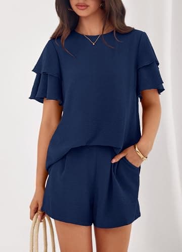 KIRUNDO Two Piece Sets For Women Summer Casual Loose Ruffle Short Sleeve Matching Shorts Sets Beach Vacation Cruise Outfits(Navy, Large) - Thumbnail 3