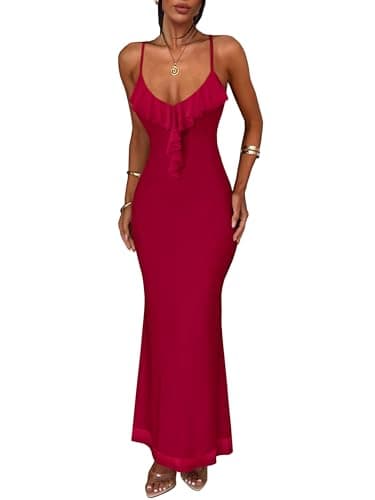 Prinbara Womens Summer Mesh Bodycon Maxi Dresses Spaghetti Strap Ruffle V Neck Cocktail Wedding Guest Party Prom Long Dress Burgundy Large - Image 1