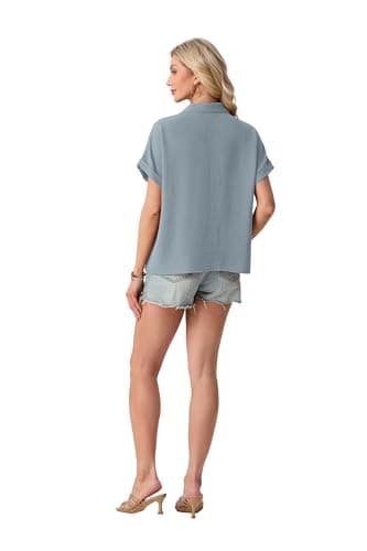Mintreus Short Sleeve Button Down Shirts for Women Casual Camp Shirt for Women Dressy Casual (Haze Blue-2XL) - Thumbnail 2