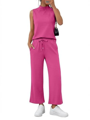 Casly Lamiit 2 Piece Sets for Women 2025 Trending Tracksuit Loungewear Summer Casual Clothes Mock Neck Sleeveless Top Wide Leg Crop Pants Jogger Trendy Comfy Active Set Hot Pink Rose Red 2XL - Image 1