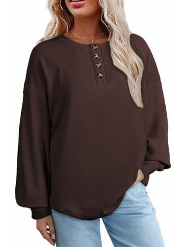 AlvaQ Fashion Outfits Clothes 2025 Plus Size Oversized Hoodies Sweatshirts Solid Long Sleeve Button Down Henley Shirts Coffee 4X - Image 1