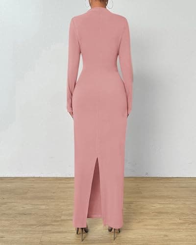 BTFBM Women Bodycon Maxi Dress Long Sleeve Back Slit Ruched Elegant Party Cocktail Formal Fall Wedding Guest Dresses(Pink, X-Small) - Thumbnail 4