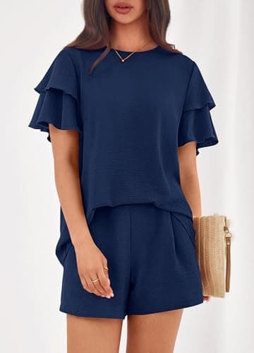 KIRUNDO Two Piece Sets For Women Summer Casual Loose Ruffle Short Sleeve Matching Shorts Sets Beach Vacation Cruise Outfits(Navy, Large) - Thumbnail 4