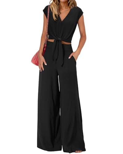 PRETTYGARDEN Women's Summer 2 Piece Outfits 2025 Cap Sleeve V Neck Belted Crop Tops Wide Leg Pant Sets Casual Tracksuit(Solid Black,XX-Large) - Image 1