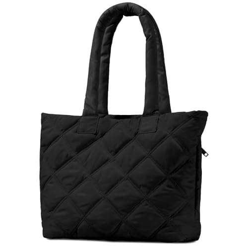 soewten Puffer Tote Bag for Women, Quilted Bag with Zipper, Small Tote HandBags for Work, Travel, Black - Image 1