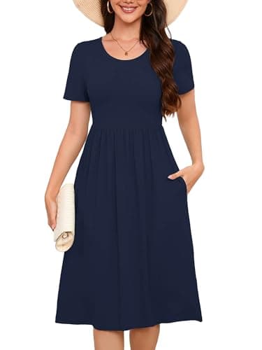 DEARCASE Women's Dresses Navy Blue X-Large Short Sleeve A line Summer Beach Midi Sundress Casual Wedding Guest Flowy Swing Cocktail Slimming Birthday Party Spring Travel Long Dress with Pockets - Image 1