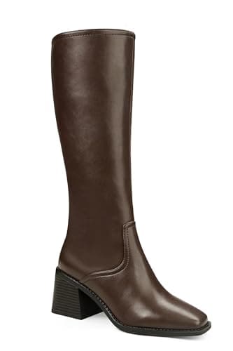 Quorvash Knee High Boots Women - Long Elastic Faux Leather Boots Tall Square Toe Chunky Block High Heel Shoes with Side Zipper Brown 10 - Image 1