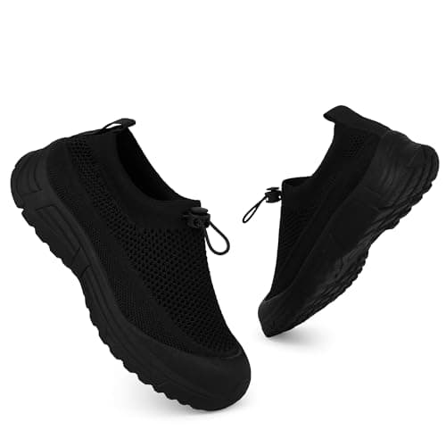 Tigeridea Slip On Black Sneakers for Women Non Slip Breathable Walking Shoes Mesh Casual Lightweight Drawstring Workout Shoes Size 9.5 - Thumbnail 4