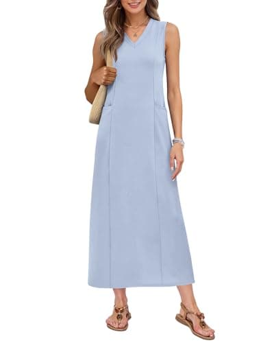 MISFAY Women Summer Casual Sleeveless Maxi Sundress Plus V Neck Long Sun Dresses 2026 Beach Outfits with Pockets(Aqua Blue,2XL) - Image 1