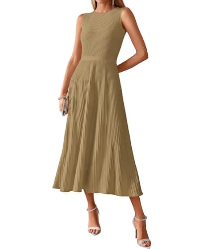 BTFBM Women Tank Midi Dress Summer Crewneck Sleeveless Pleated A Line Business Casual Formal Sweater Spring Dresses 2026(Camel, Medium) - Image 1