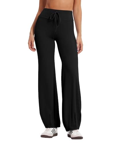 MOOSLOVER Women Bubble Yoga Pants Drawstring Fold Over Flare Leggings Pilates Casual Lounge Pant(S,Black) - Image 1