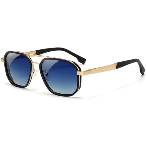 SUNGAIT Polygon Aviator Sunglasses Men Old School Style Adjustable Anti-slip Temples Polarized Lens for Driving Fishing (Matte Black & Gold Frame/Blue Gradient Lens) - Image 1