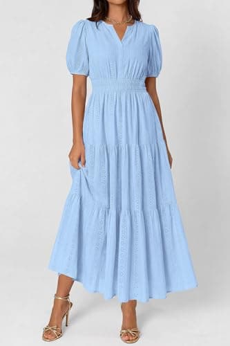 PRETTYGARDEN Womens Summer Maxi Dresses 2026 Casual Puff Sleeve V Neck Smocked Flowy Eyelet Cotton Dress Spring Sundress(Light Blue,X-Large) - Thumbnail 4