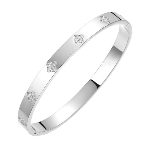 BOLAGTIER Silver Bangle Bracelets for Women Four Leaf Clover Lucky Love Cubic Zirconia Bracelet (Clover Silver-Small) - Image 1