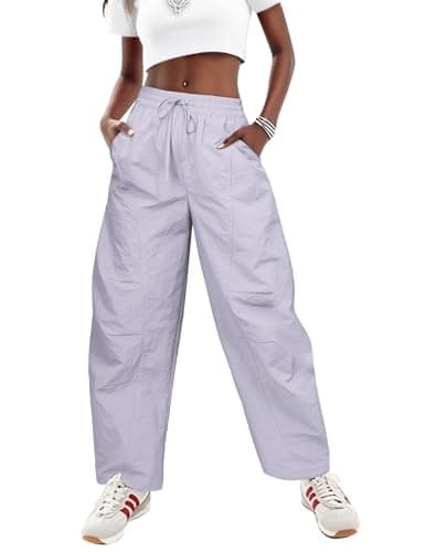 LOOKBOHO Women's Travel Pants 2026 Summer Cargo High Waist Wide Leg Baggy Parachute Casual Drawstring Lightweight Raver Hiking Trouser Streetwear with Pockets Gray Large - Image 1