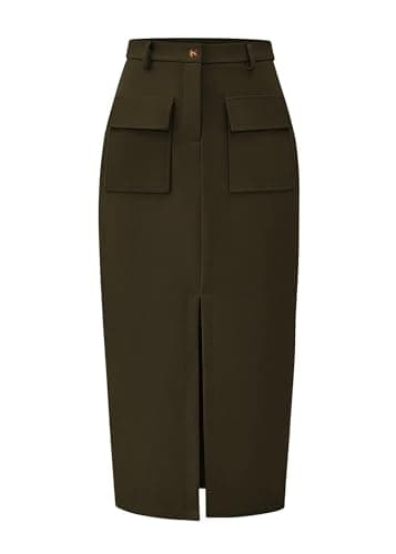 KIRUNDO Midi Skirts for Women Spring Summer High Waisted Cargo Trendy Pencil Slit Dressy Casual Business Work Long Skirt(Army Green, Small) - Image 1