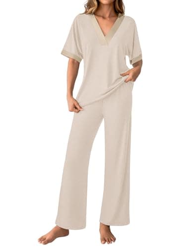 GKBK Womens Two Piece Outfits Pajama Sets 3/4 Dolman Sleeve V Neck Sleepwear Nightwear Loungewear Matching Pjs 2 Piece Lounge Set Lounging Pullover Top and Wide Leg Pants Trendy Outfits Beige M - Image 1