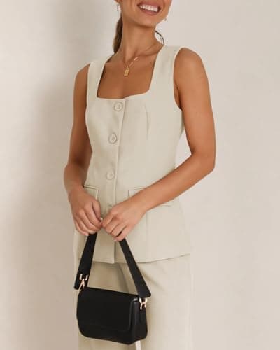 Tankaneo Women's Single Breasted Vests Square Neck Sleeveless Slim Fitted Work Office Waistcoats - Thumbnail 3