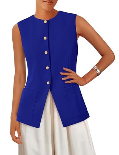 PRETTYGARDEN Blazer Vest Tops for Women Sleeveless Button Down Business Casual Outfits Work Suit Vests Waistcoat(Blue,Large) - Image 1