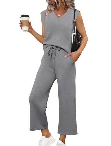 Sampeel Beach Vacation Clothes for Women Summer Outfits Airport Travel Business Casual V Neck Top Sets Matching Sets Women Clothing Plus Size Gray 2XL - Image 1