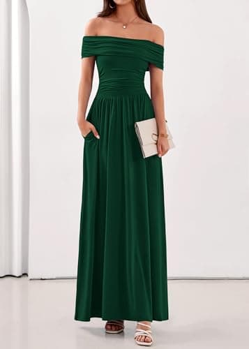 KIRUNDO Cocktail Dresses for Women 2026 Summer Off The Shoulder Ruched Pleated Long Flowy Formal Party Maxi Dresses Pockets(Dark Green, Medium) - Thumbnail 5