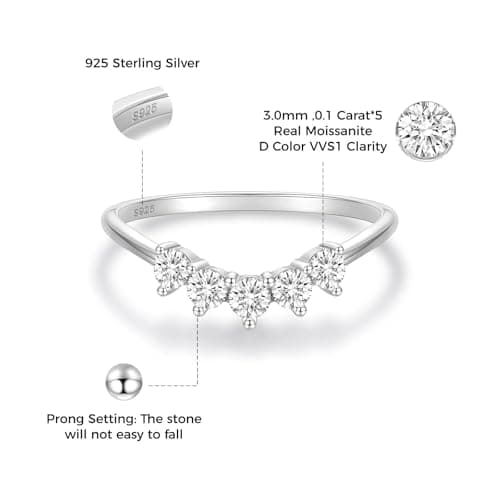 EAMTI Moissanite Wedding Bands for Women 5 Stone Eternity Bands Rings D Color VVS1 Clarity 925 Sterling Silver Anniversary Moissanite Stackable Engagement Curved Rings for Women Size 7.5 - Thumbnail 2