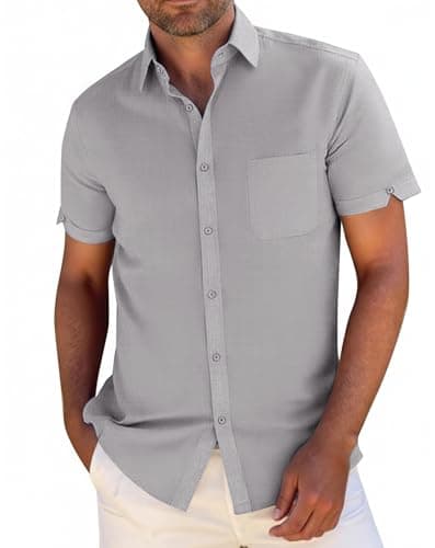 JEKAOYI Button Down Linen Shirts for Men Short Sleeves Cotton Casual Shirt with Pockets for Summer Beach Grey - Image 1