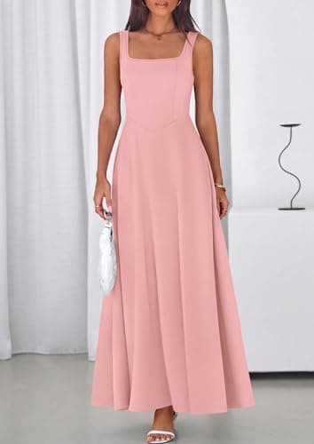 PRETTYGARDEN Womens Summer Dresses 2026 Sleeveless Elegant Square Neck Aline Swing Maxi Beach Wedding Guest Dress Pockets (Pink,Medium) - Thumbnail 5