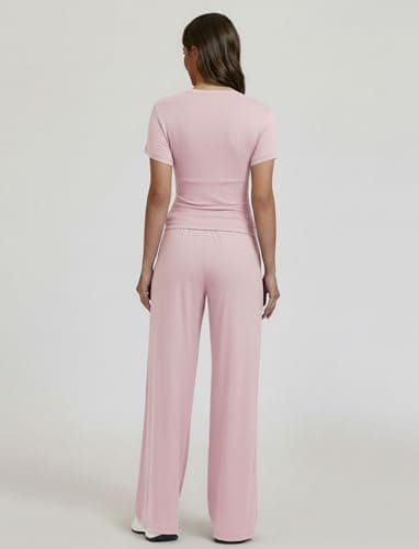 Flevita Womens 2 Pcs Sets Summer Travel Outfits T-shirts and 31" Wide Leg Pants Comfortable Airport Lounge Wear Set with Pockets Pink S - Thumbnail 3