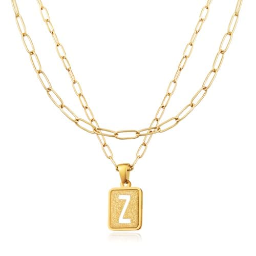 LETFLY Initial Gold Necklaces for Women, 18K Gold Plated Letter Layering Necklace Square Shaped Pendant with Adjustable Paperclip Chain for Womens Jewelry Gifts Alphabets Z - Image 1