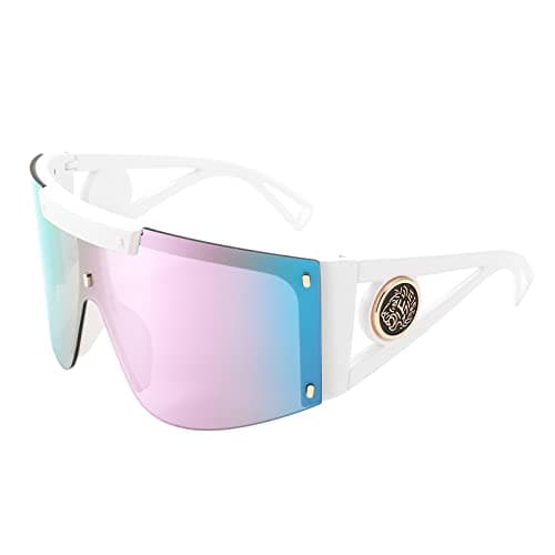 FEISEDY Sunglasses for Women, One Piece Oversized Sunglasses for Men and Women, Big Shades, Wrap Shield for Cycling, Driving, Vacation (B4027, White Frame/Purple Mirrored Lens) - Image 1