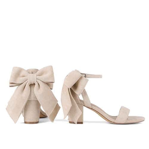 Yremael Women's Heeled Sandals Apricot Bow Round Open Toe Buckle Chunky Block Heel Comfortable Wedding Dress Shoes - Thumbnail 6