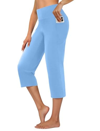 DLOODA Capri Pants for Women High Waist Cropped Yoga Pants Straight Leg Athletic Workout Leggings with Pockets Blue S - Image 1