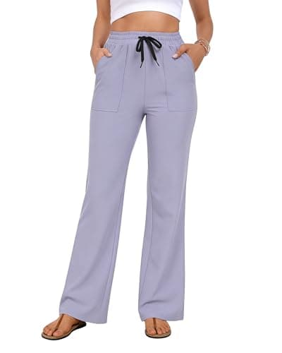 Casual Pants for Women Wide Leg Pants High Waisted Elastic Waist Drawstring Lightweight Travel Work Lounge Comfy Trousers Pants with 2 Pockets Purple XL - Image 1