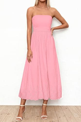 PRETTYGARDEN Womens Summer Dresses 2026 Sexy Sleeveless Tube Top Long Dress Eyelet Cotton Maxi Beach Sundress Pockets(Pink,Large) - Thumbnail 2