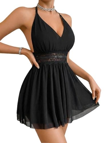Avidlove Women Halter Lace Lingerie Deep V Neck Backless Babydoll Chemise See Through Nightgown Black XX-Large - Image 1