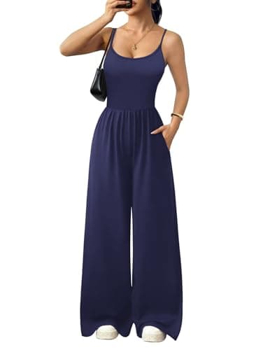 Ekouaer Jumpsuits for Women Sleeveless Spaghetti Strap Womens Jumpsuit One Piece Wide Leg Summer Romper With Pockets Beach Vacation Outfits 2026 Navy Blue L - Image 1