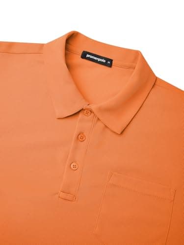 Promen polo Men's Classic Long Sleeve Polo Shirts Casual Lightweight Solid Golf Shirts with Pocket Orange XL - Thumbnail 3