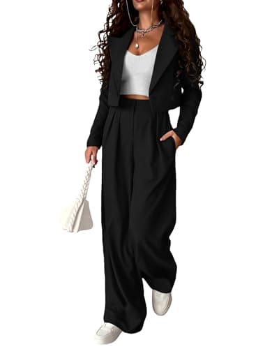 KIRUNDO Blazer Sets Women 2 Piece Outfits Casual Cropped Blazer Jackets High Waist Wide Leg Pant Suits Dressy Office Clothes(Black, XX-Large) - Image 1