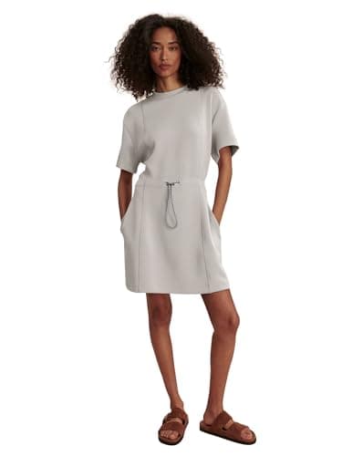 COCOMARTS Dresses for Women Summer Short Sleeve Crew Neck Sweatshirt Dress Drawstring Waist Tunic Tops Mini Vacation Sundress Khaki Medium - Thumbnail 2