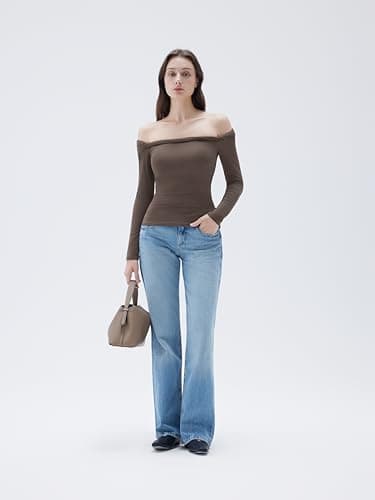 SUUKSESS Women Padded Off The Shoulder Tops Double Lined Going Out Long Sleeve Fitted Basic Fall Shirts(Brown, XS) - Thumbnail 5