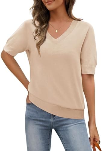 MEROKEETY Women's Short Sleeve Sweater Summer Business Casual Tops V Neck Lightweight Knit Work Shirts 2026, Apricot, Small - Image 1