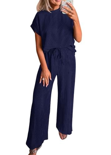 KIRUNDO 2 Piece Sets for Women Dressy Casual Ribbed Knit Short Sleeve Tops Wide Leg Pants Lounge Set Travel Airport Outfits(Navy, X-Large) - Image 1