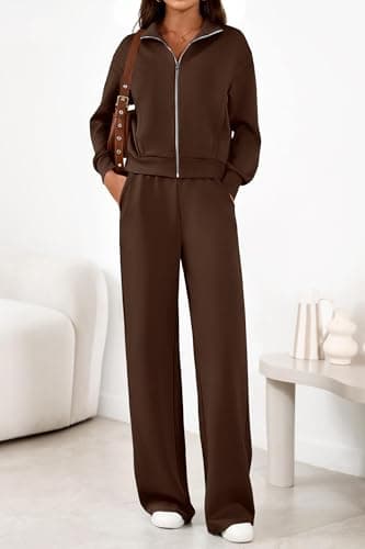 PRETTYGARDEN Womens 2 Piece Outfits Spring Sweatsuits Zip Up Sweatshirt Wide Leg Sweatpants Casual Tracksuit Lounge Sets(Brown,Large) - Thumbnail 3