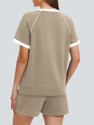 Casly Lamiit Womens 2 Piece Outfits Casual Lounge Sets Summer Short Sleeve Pulllovers Shorts Set Color Block Travel Airport Clothing Camel S - Thumbnail 3