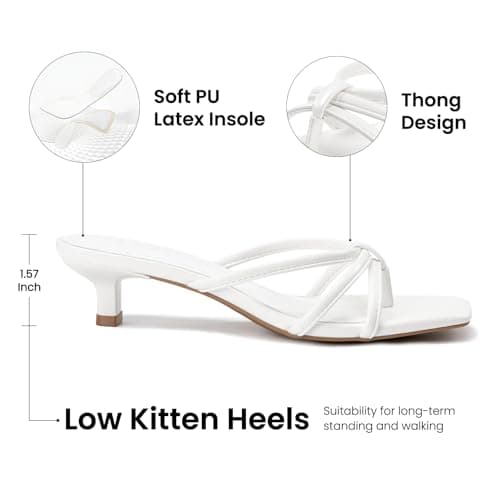 Athlefit White Kitten Heels for Women Strappy Flip Flop Low Heels Square Toe Comfortable Dressy Party Heeled Sandals Size 10 - Thumbnail 4