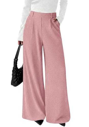 BTFBM Wide Leg Pants for Women Dressy Work Business Casual Elastic High Waisted Trousers Ribbed Lounge Palazzo Pants(Pink, Medium) - Image 1