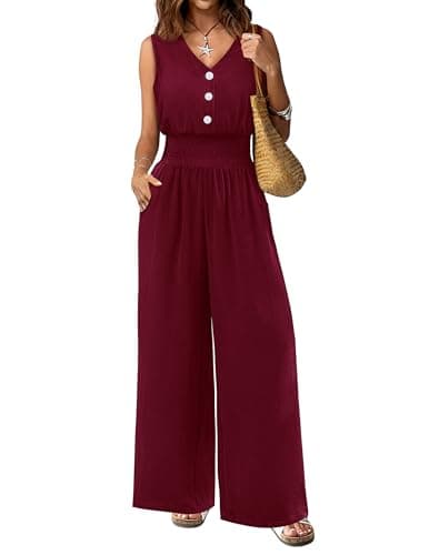 LOOKBOHO Summer Jumpsuits Women Casual Sleeveless V Neck Stretchy Lightweight Romper Wide Leg Pant Outfit 2026(WR,M) - Image 1