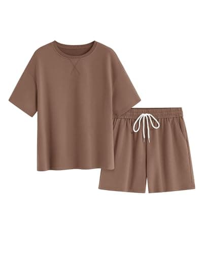 Zenlonr Women's Two Piece Lounge Sets 2029 Summer Casual Oversized Shirts Shorts Matching Airport Travel Outfit(Brown,X-Large) - Image 1